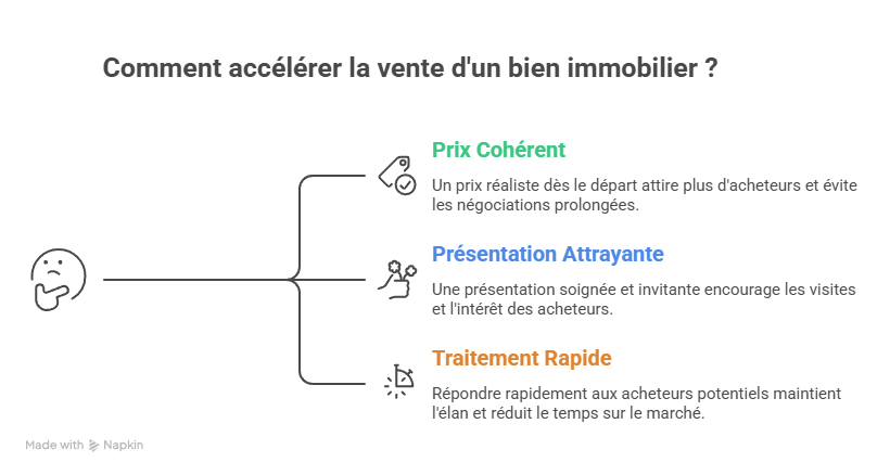 Infographie sur les trois leviers qui influencent le délai de vente d’un bien immobilier : prix juste, présentation du bien et réactivité dans le traitement des acheteurs.