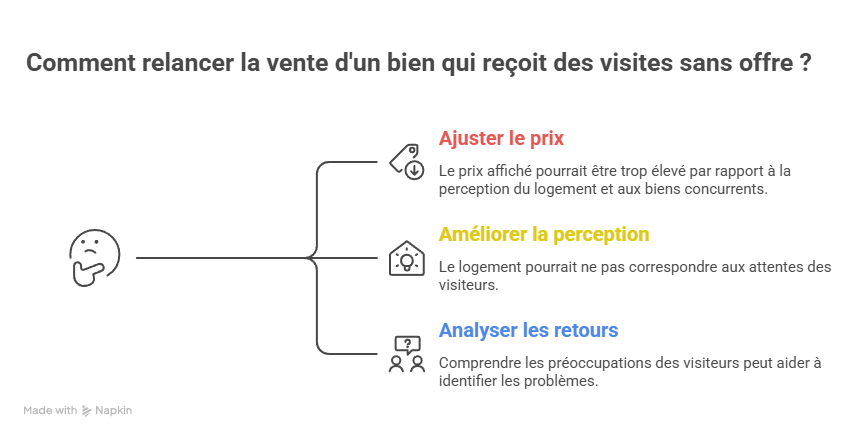 Infographie expliquant pourquoi un bien immobilier reçoit des visites sans offre et comment relancer une vente grâce au prix, à la présentation et à la stratégie.
