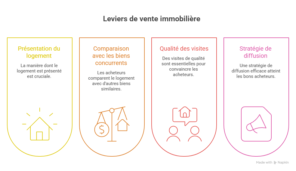 Infographie expliquant pourquoi un bien immobilier peut rester invendu malgré un prix correct : présentation, concurrence, visites et stratégie de vente.