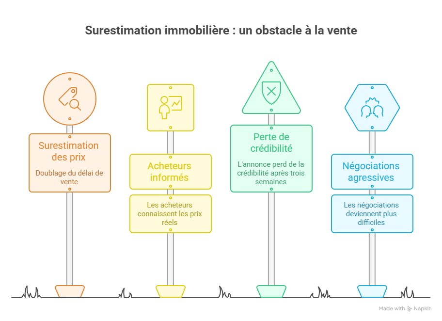 Un bien correctement estimé attire les bons acheteurs dans les premières semaines de mise en vente. À l'inverse, une surestimation — même de 5 % — suffit à doubler le délai de vente. Les acheteurs d'aujourd'hui consultent les données de transactions réelles avant chaque visite : ils savent immédiatement si un bien est affiché trop haut. Passé trois semaines sans offre sérieuse, l'annonce commence à perdre en crédibilité, et les négociations qui suivent sont généralement plus agressives que si le prix avait été juste dès le départ. Un bien correctement estimé attire les bons acheteurs dans les premières semaines de mise en vente. À l'inverse, une surestimation — même de 5 % — suffit à doubler le délai de vente. Les acheteurs d'aujourd'hui consultent les données de transactions réelles avant chaque visite : ils savent immédiatement si un bien est affiché trop haut. Passé trois semaines sans offre sérieuse, l'annonce commence à perdre en crédibilité, et les négociations qui suivent sont généralement plus agressives que si le prix avait été juste dès le départ.