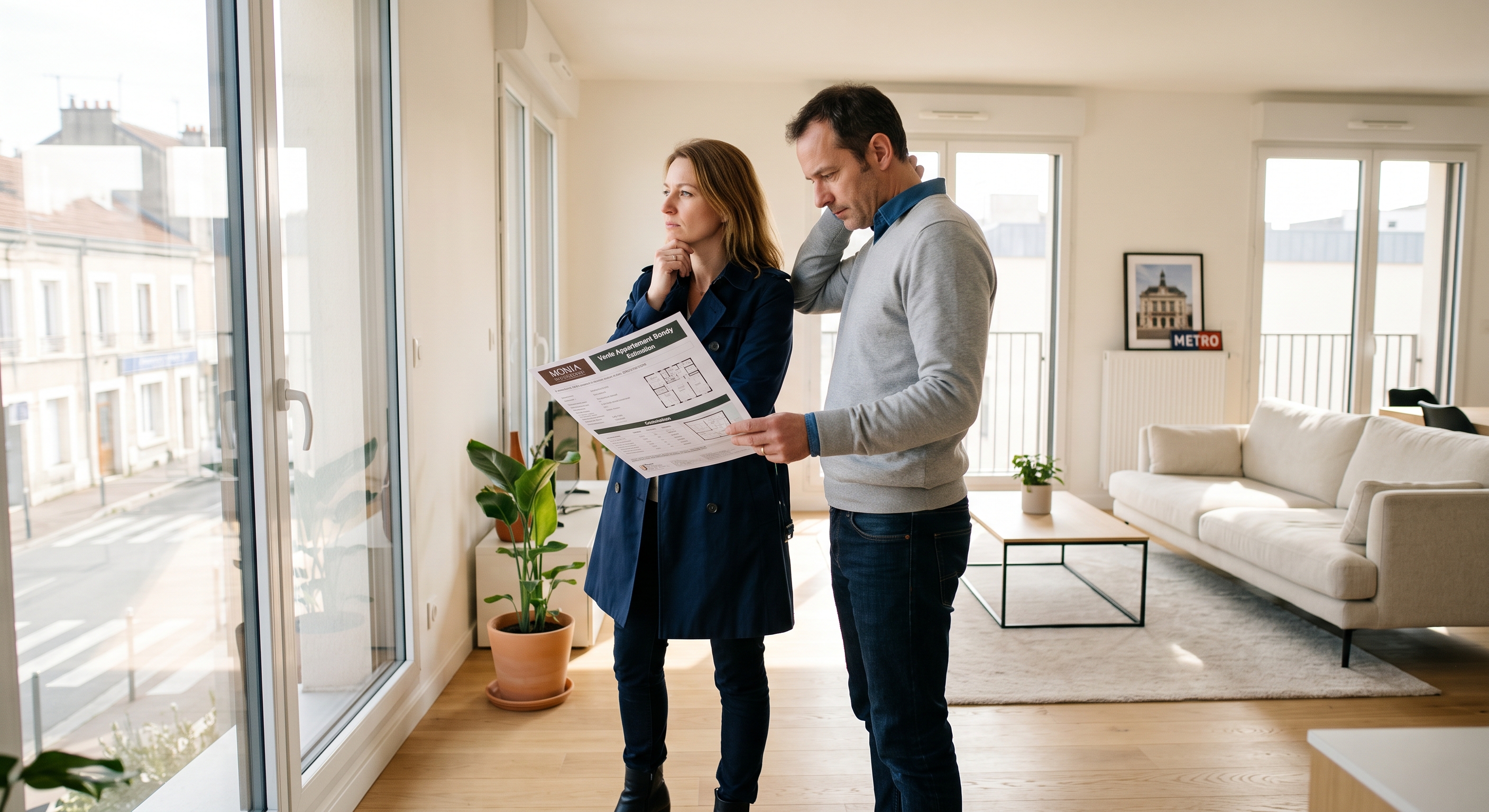 Acheteurs potentiels consultant une annonce immobilière transparente sur tablette avant de visiter un appartement à Bondy.