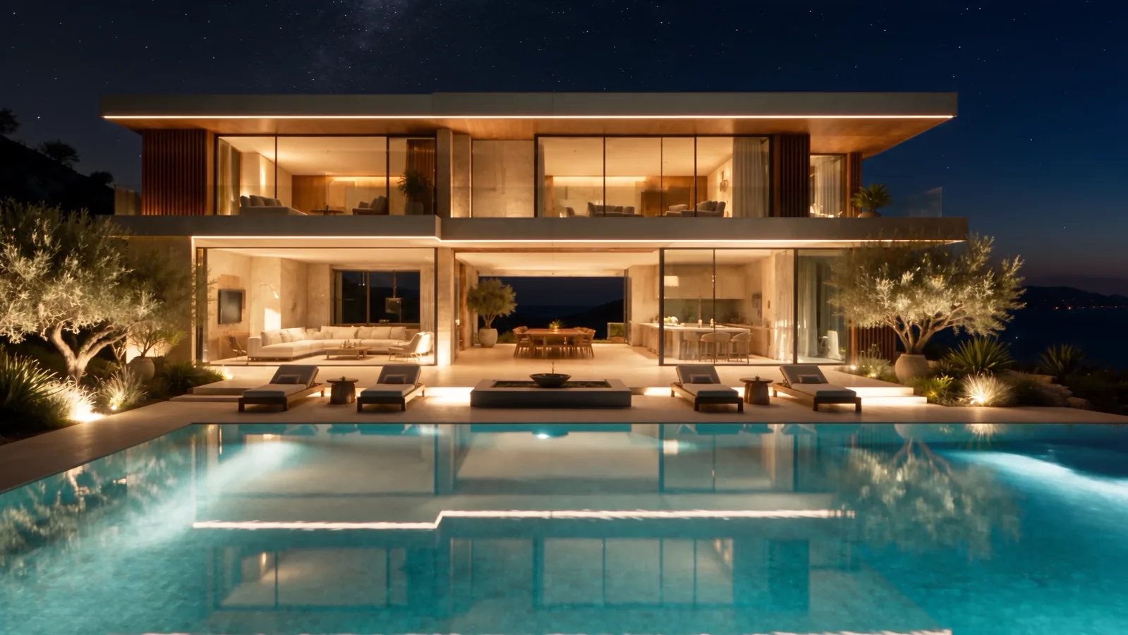 La misma residencia iluminada de noche