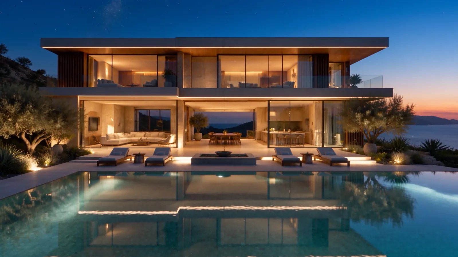 Residencia contemporánea con alberca infinita frente al mar al atardecer