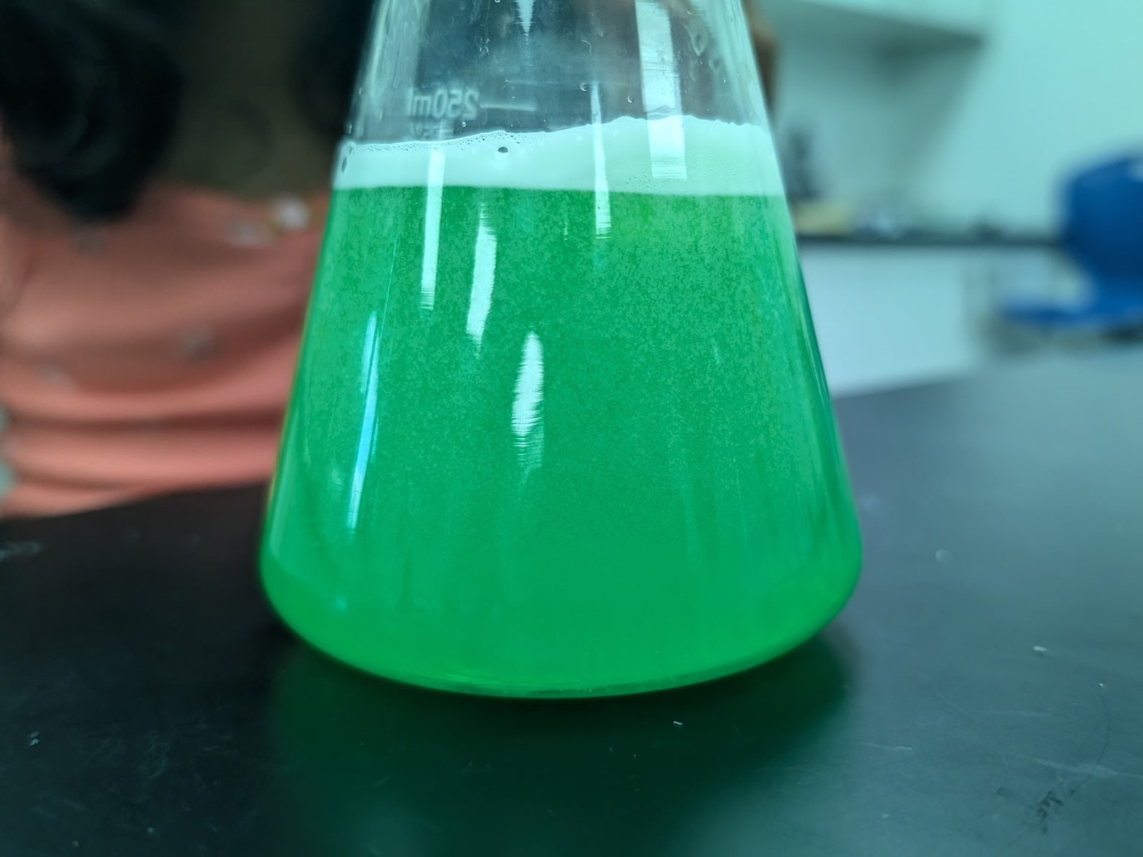 A flask of bright green liquid on the BioTroopers lab bench.
