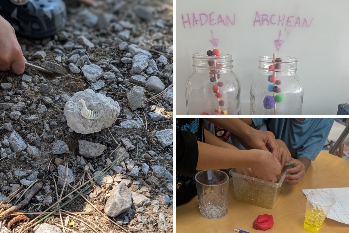 Fossil dig materials, a geological timeline in jars, and hands working with clay