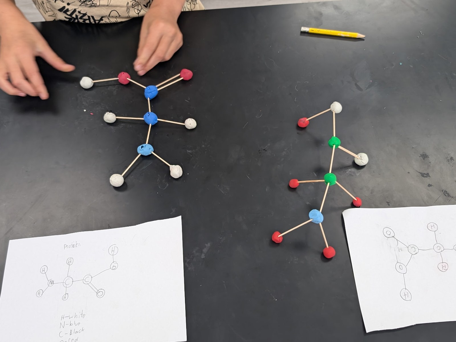 Clay ball-and-stick molecule models built on the lab table at BioTroopers.