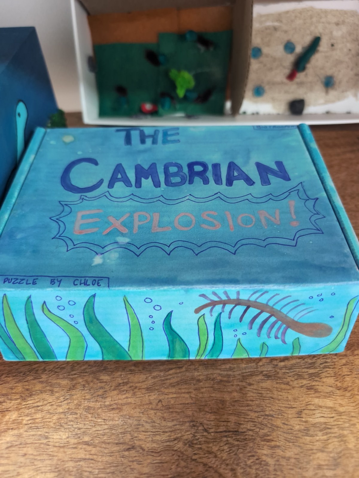 A hand-painted Cambrian Explosion puzzle box made in a BioTroopers workshop.