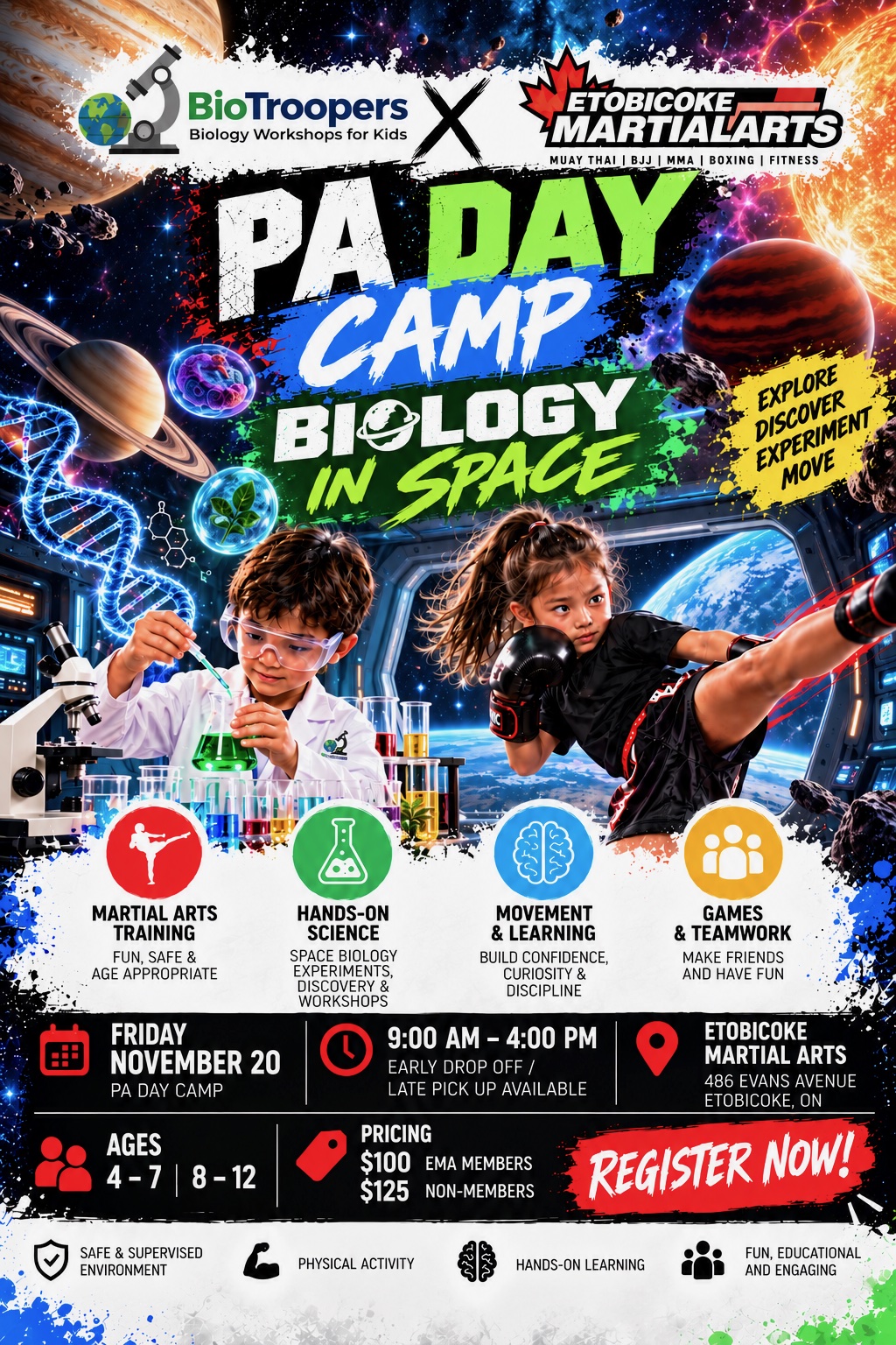 BioTroopers and Etobicoke Martial Arts PA Day Camp flyer, Friday November 20