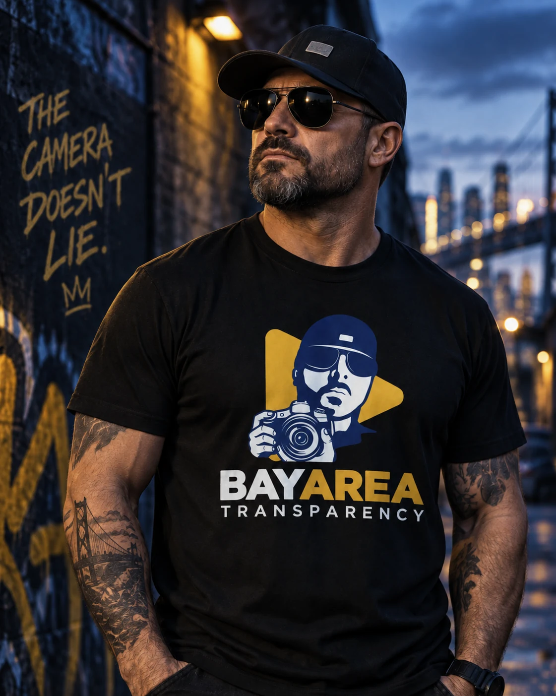 Bay Area Transparency merch model wearing BAT shirt