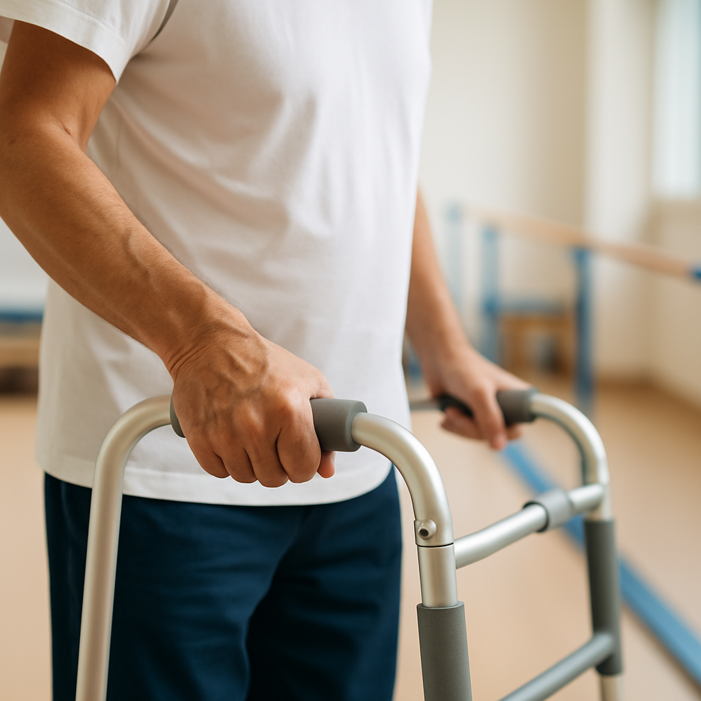 Close-up of adult using walker during physical therapy — representing rehabilitation, mobility support, and recovery after illness or injury.