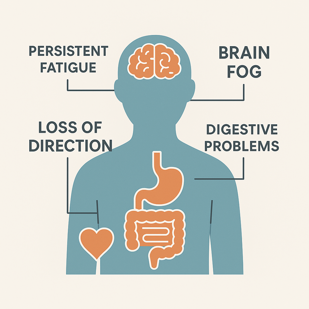 Illustration of human body showing long COVID symptoms including persistent fatigue, brain fog, digestive problems, and loss of direction.