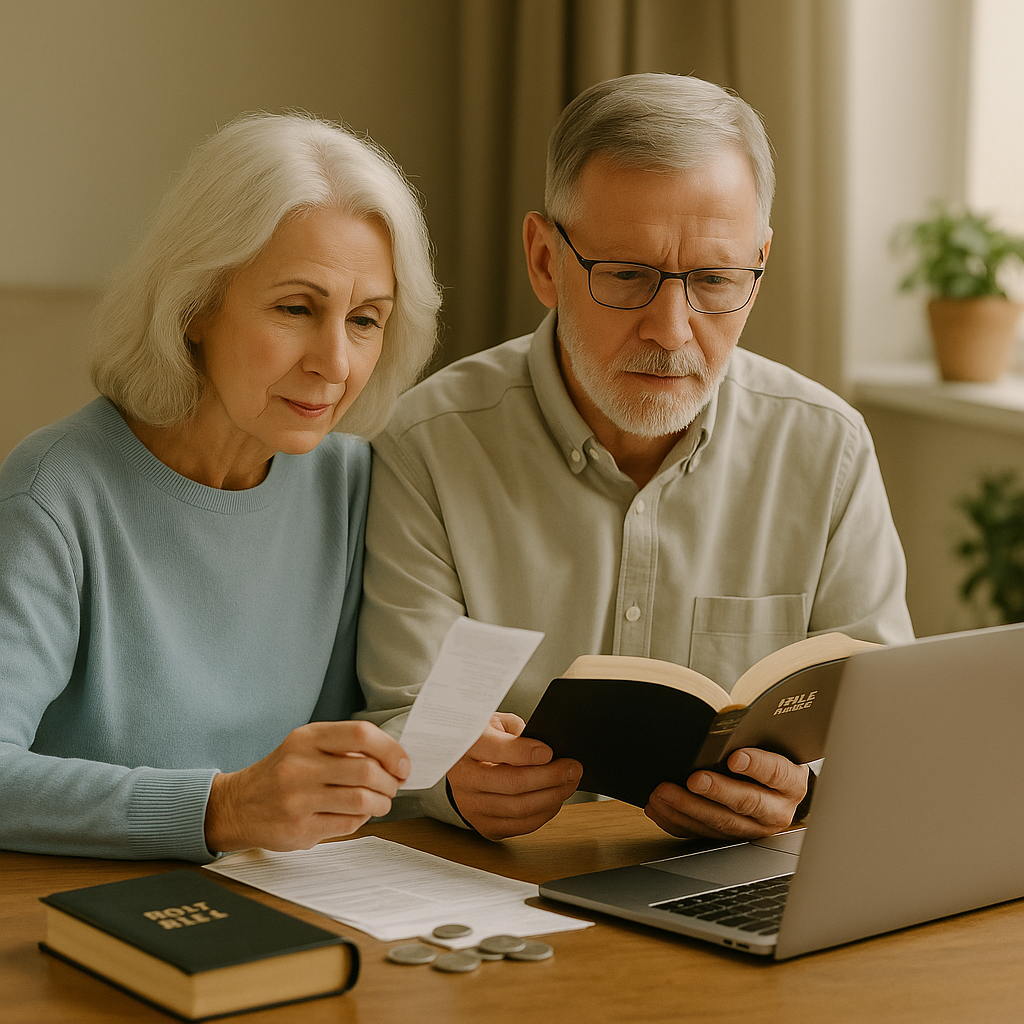 Elderly couple reviewing finances together at home, with laptop, Bible, coins, and documents on table — representing faith-based financial planning and purposeful living in retirement.