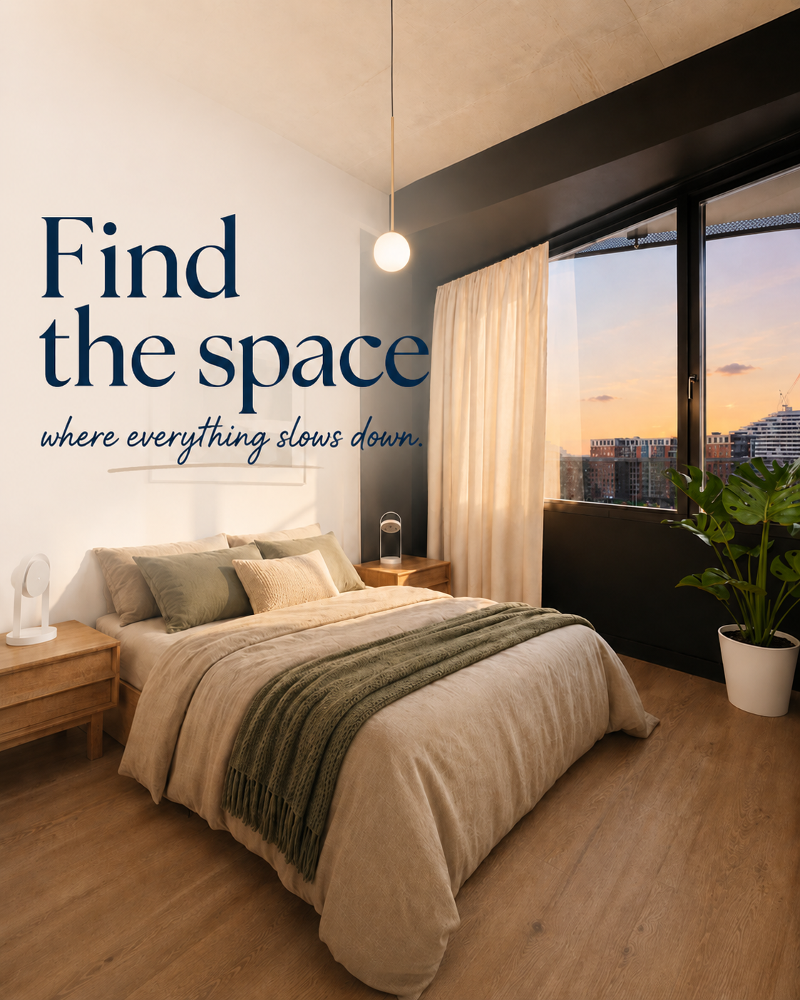 Warm,
light-filled bedroom in a Les Loges unit