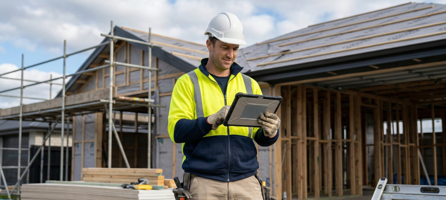 A realistic, high-quality photo of a New Zealand builder or roofer standing on a residential job site, looking confidently at a tablet. Natural lighting, professional, no text in the image. A realistic, high-quality photo of a New Zealand builder or roofer standing on a residential job site, looking confidently at a tablet. Natural lighting, professional, no text in the image.