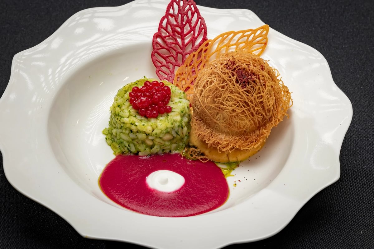 Green risotto with kataifi vegetarian plate