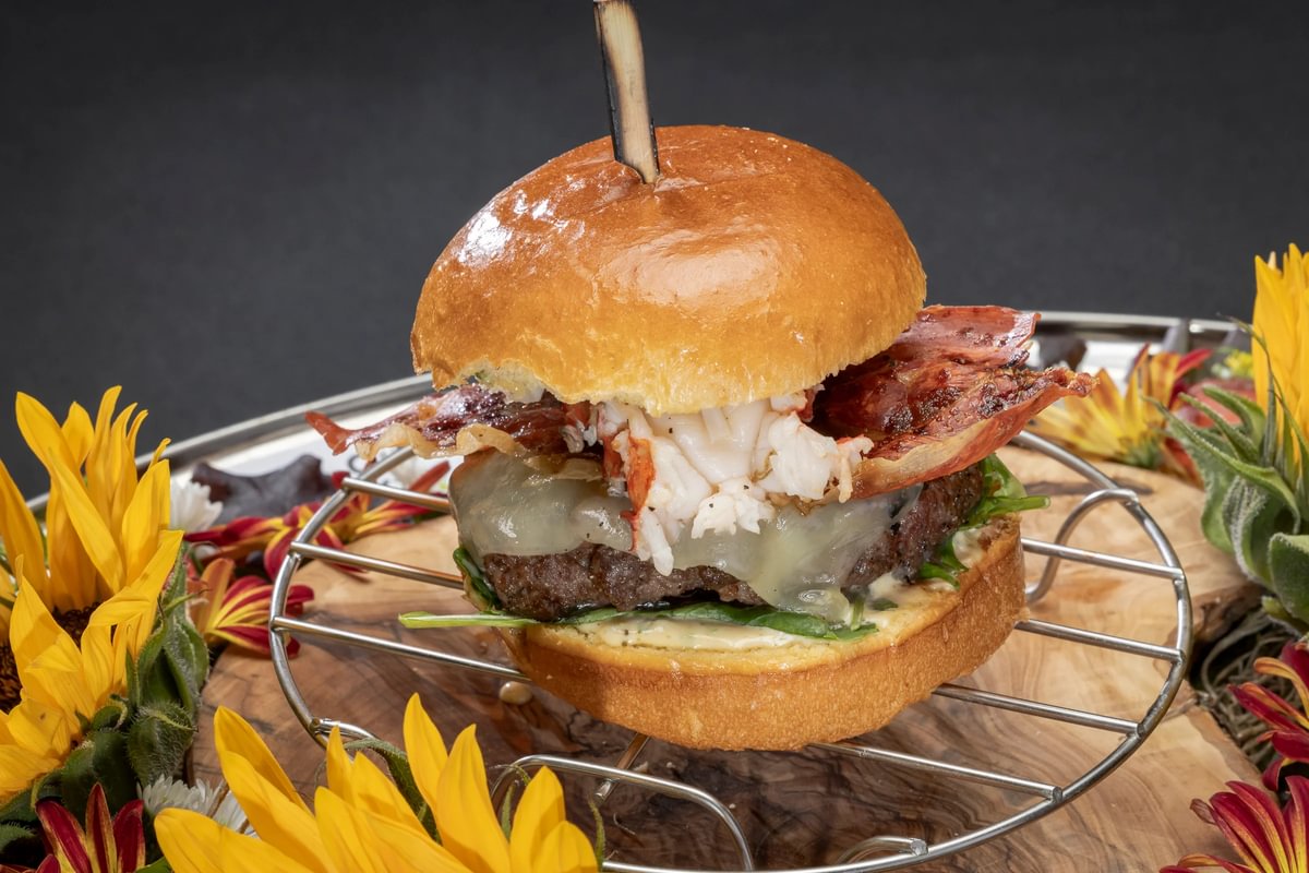Surf and turf burger with lobster and bacon