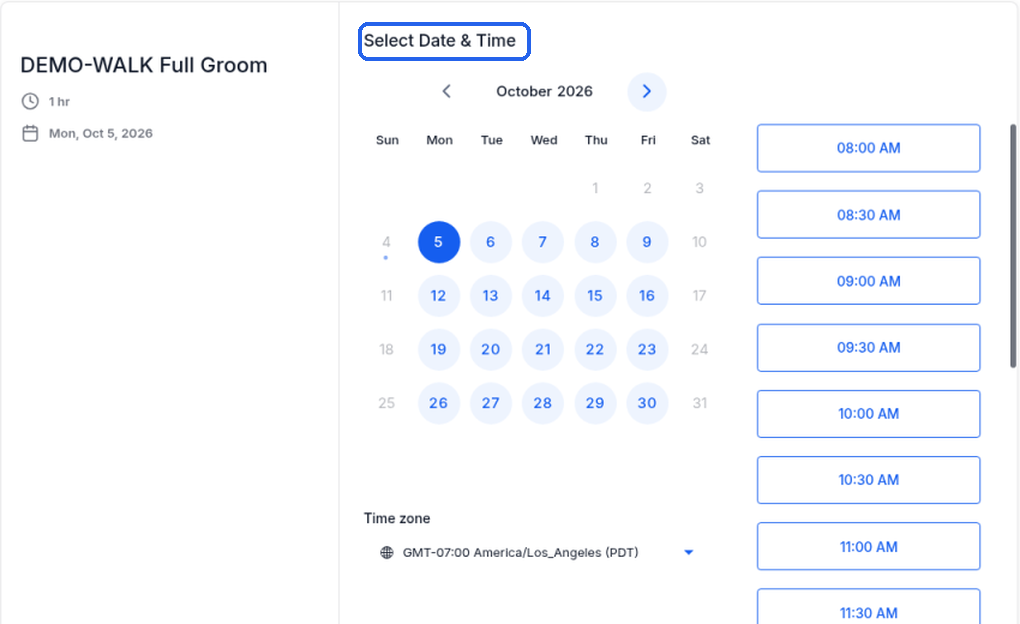 Example booking page showing the calendar name, length, a Select Date & Time calendar, the time zone and time slots