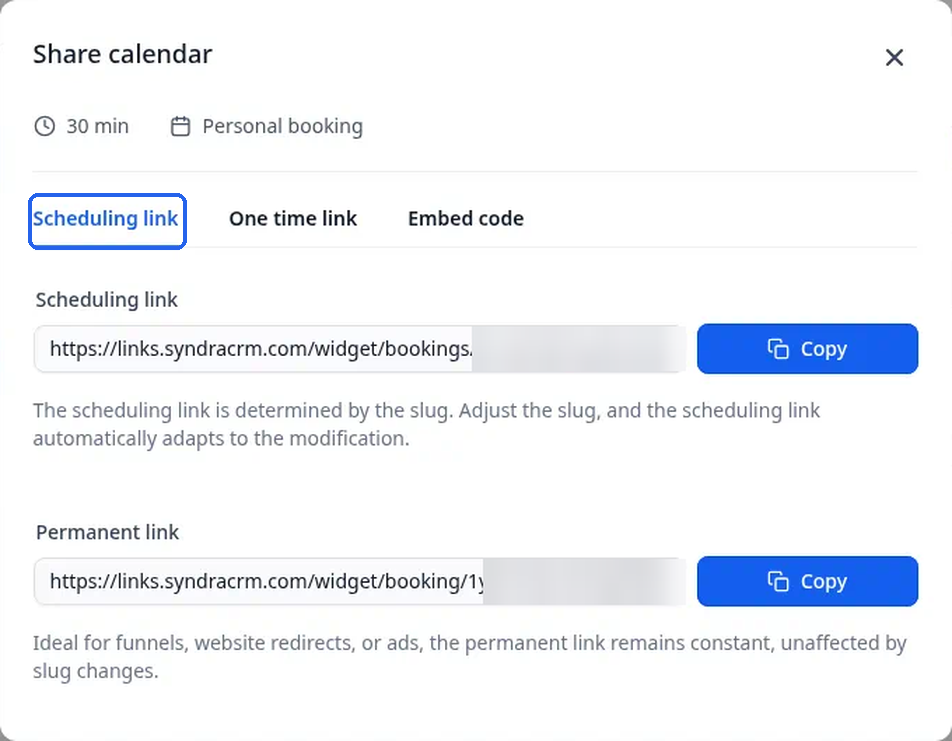 The Share calendar window on the Scheduling link tab, showing the Scheduling link and Permanent link