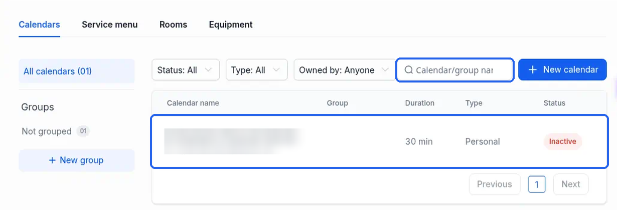 The Calendar/group name search box and a calendar row highlighted