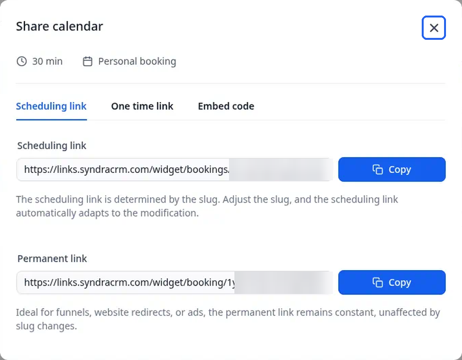 The close X at the top right of the Share calendar window, highlighted
