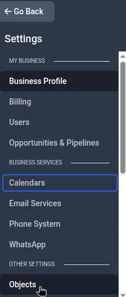 The Settings menu with Calendars highlighted under BUSINESS SERVICES