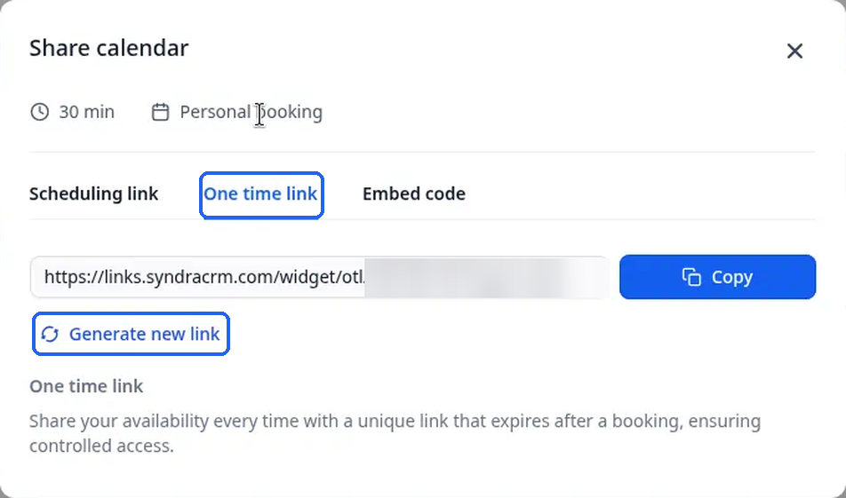The One time link tab with its link and Copy button