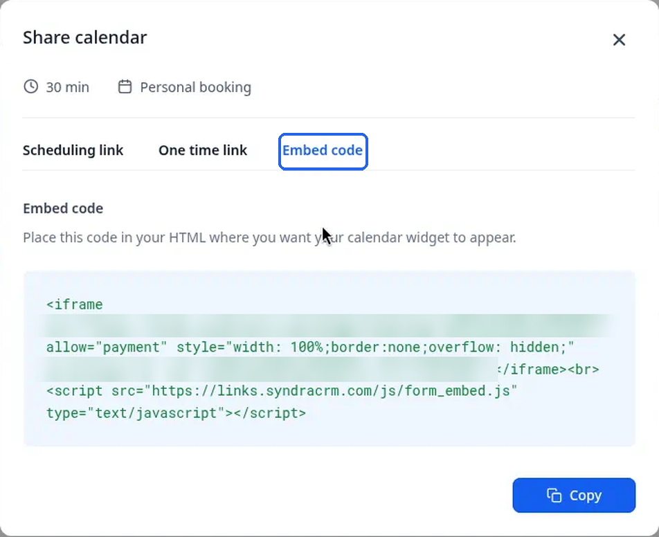 The Embed code tab with the code block and Copy button