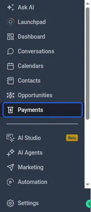 The main left-hand menu with Payments highlighted
