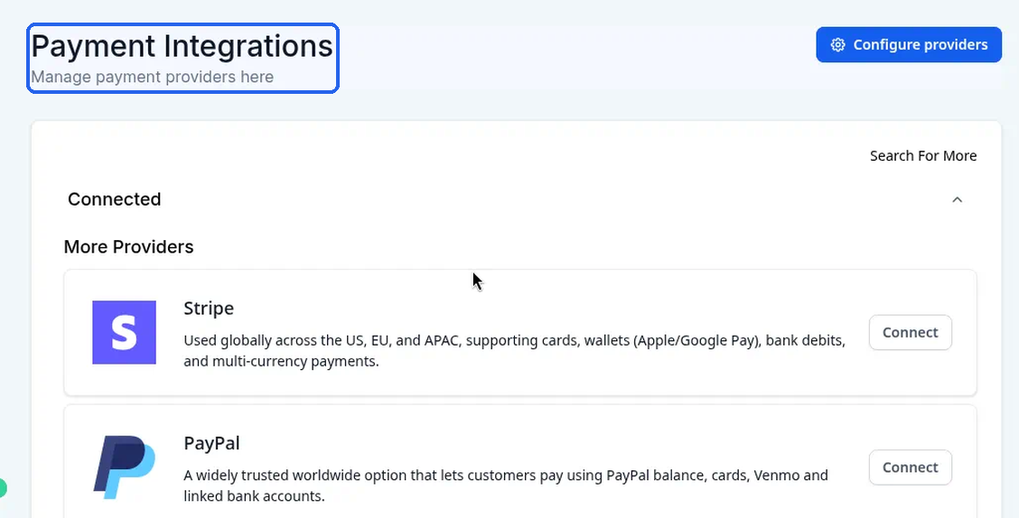 The Payment Integrations page title highlighted