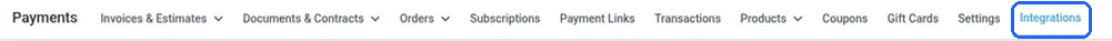 The row of Payments tabs, with Integrations marked at the far right