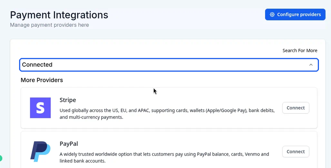The empty Connected section above More Providers