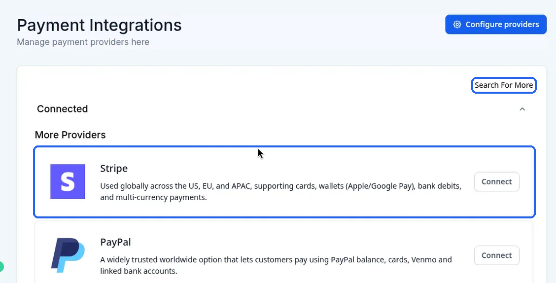 The Stripe card and the Search For More link highlighted in More Providers