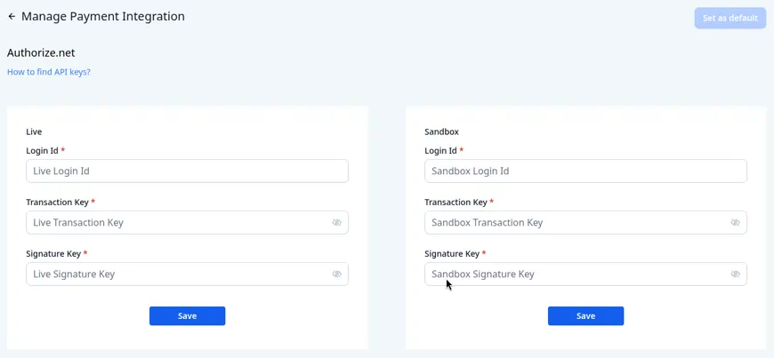 The Authorize.net screen with Live and Sandbox boxes