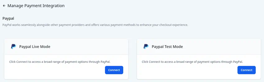 The PayPal Manage Payment Integration screen with the Paypal Live Mode and Paypal Test Mode cards