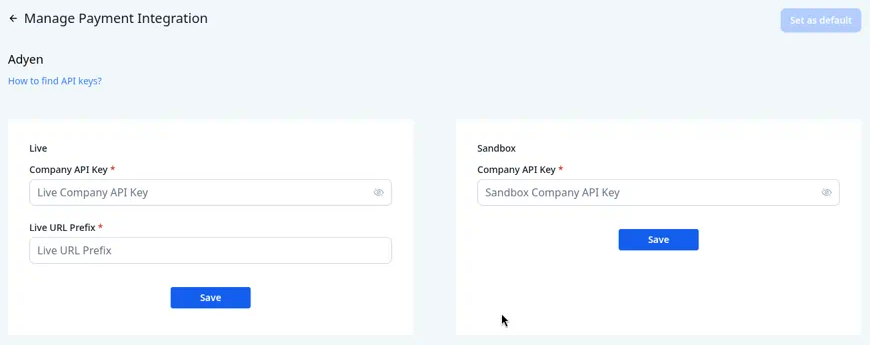 The Adyen screen with Live and Sandbox boxes