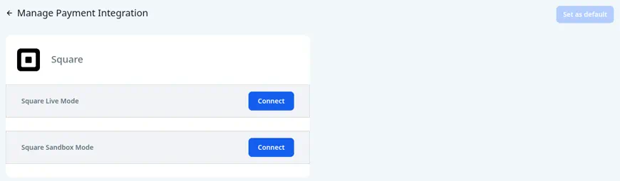 The Square screen with the Square Live Mode and Square Sandbox Mode rows