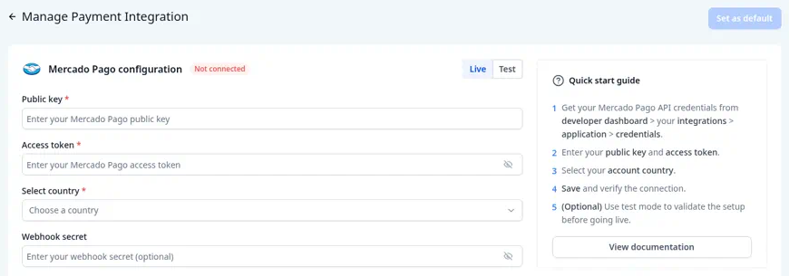 The Mercado Pago configuration screen with the Quick start guide