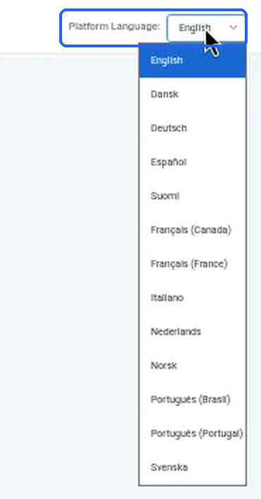 The Platform Language dropdown open in the top-right corner of the sign-in page