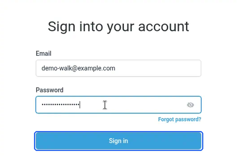 The blue Sign in button highlighted, with an email address and a hidden password filled in
