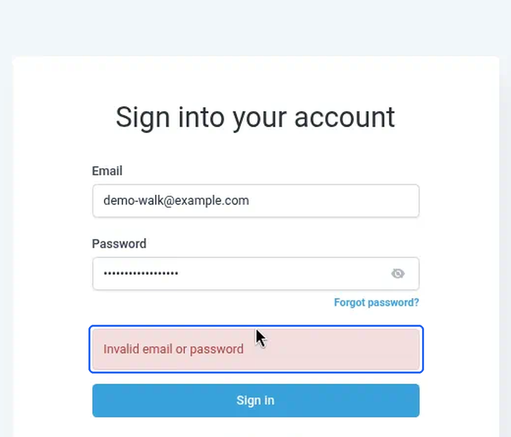 The "Invalid email or password" message highlighted on the sign-in page