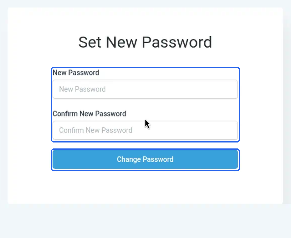 The Set New Password screen with the New Password and Confirm New Password boxes and the Change Password button highlighted