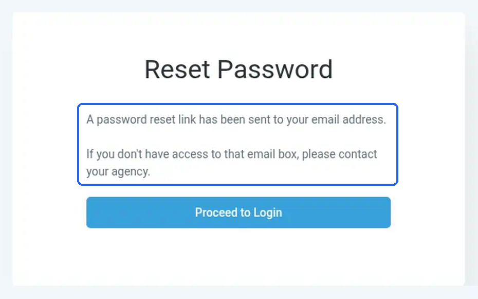 The confirmation message after clicking Reset Password, highlighted