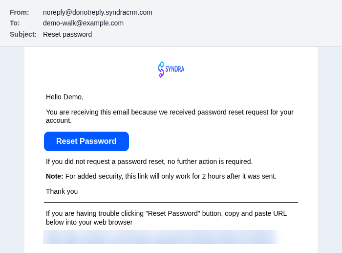 The Reset password email, with the Reset Password button and the copy-and-paste link blurred