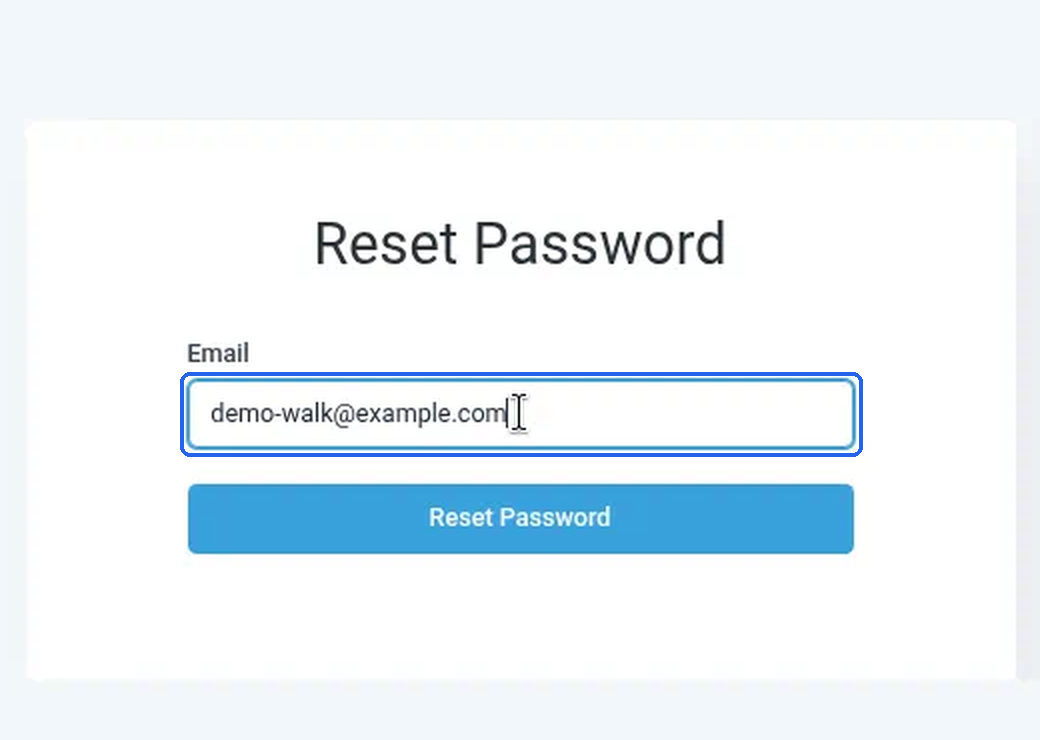 The Email box on the Reset Password screen with an example address typed in