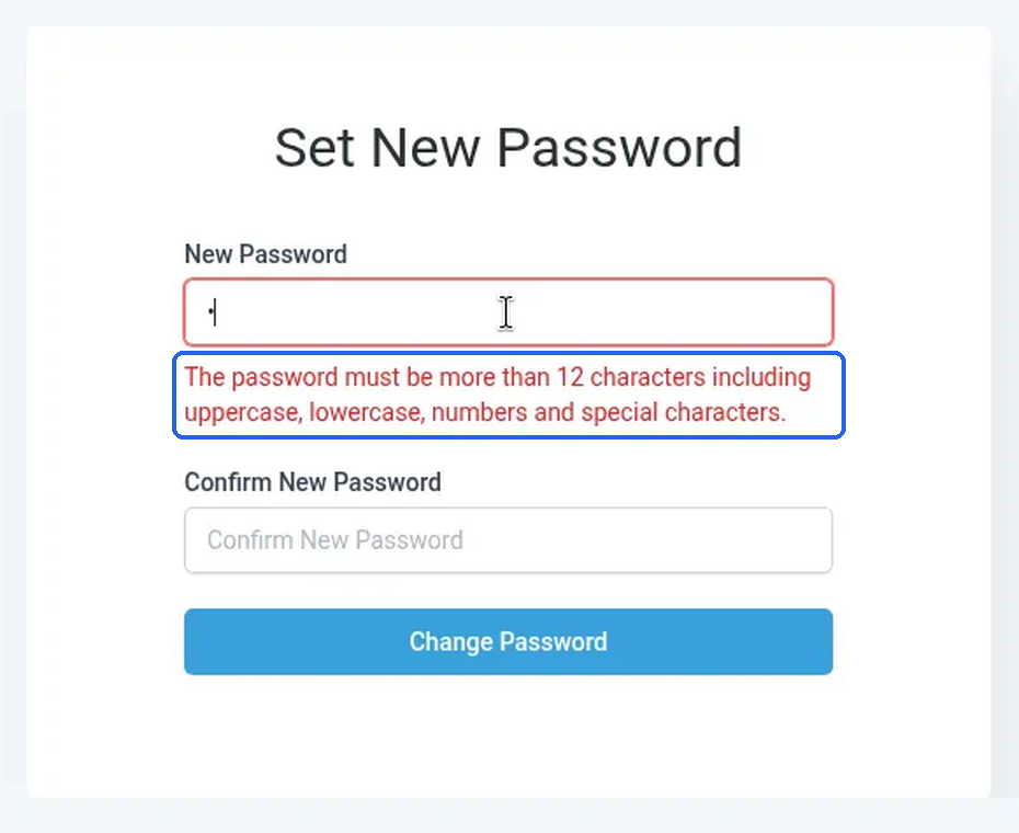 The password-rules message under the New Password box