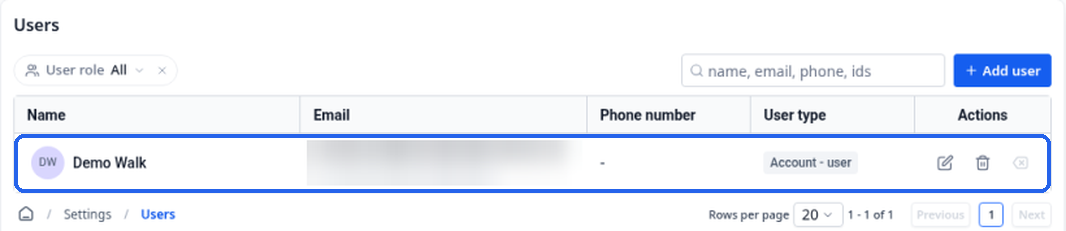 The Users list in Settings with a team member added