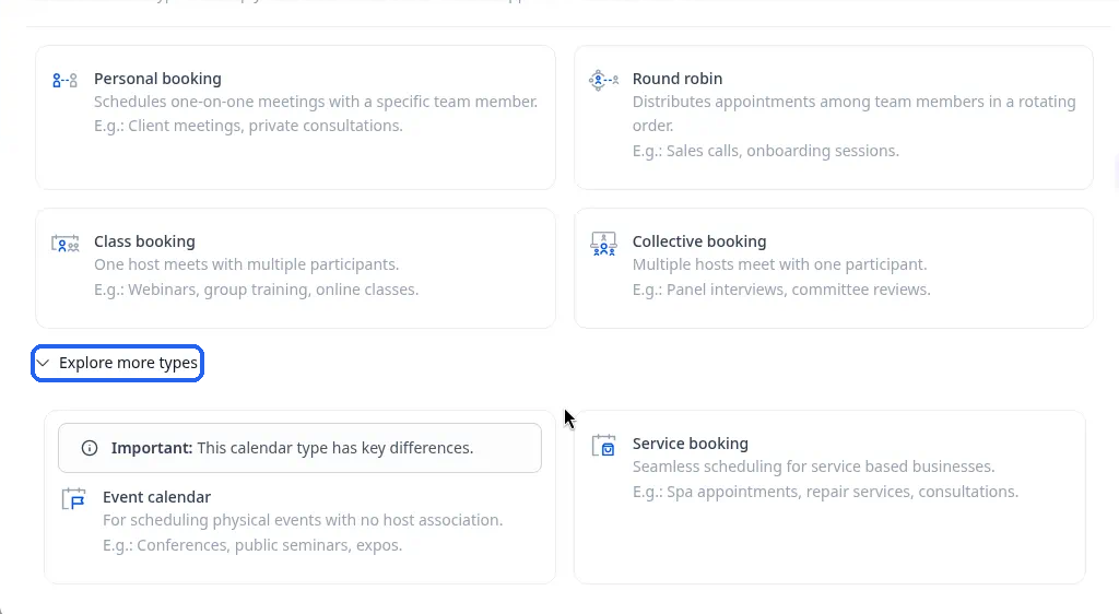 Explore more types expanded, showing Event calendar and Service booking