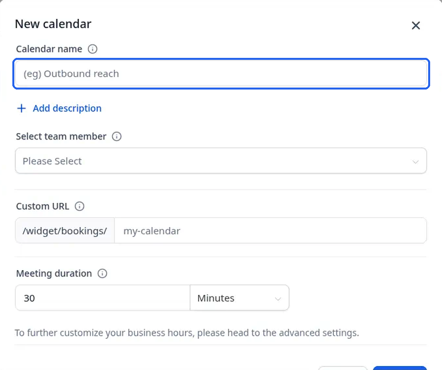 The empty New calendar form with the Calendar name box highlighted