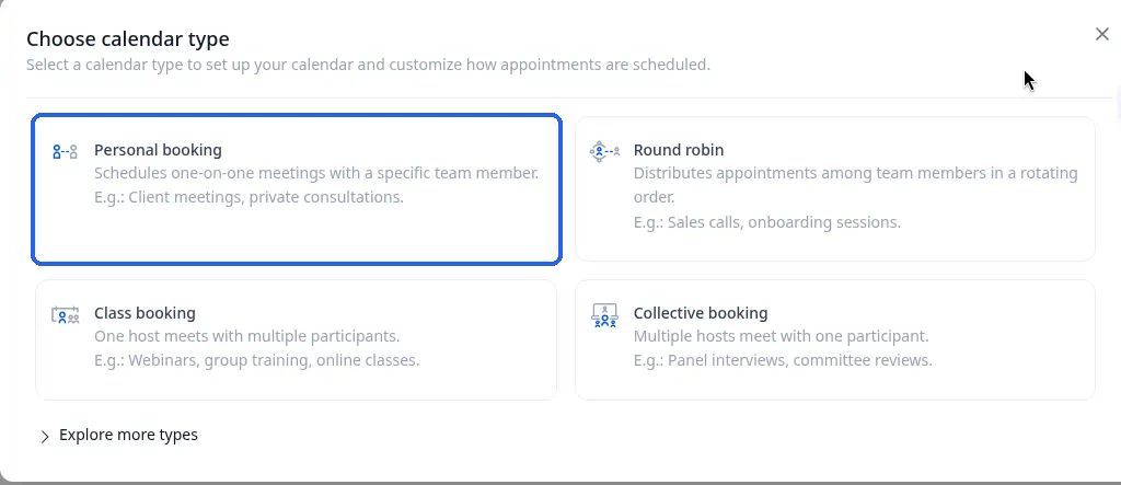 Personal booking highlighted in the Choose calendar type window