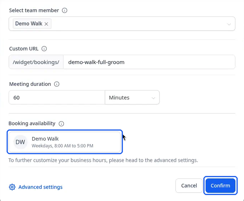 The Confirm button and the Booking availability card highlighted on the filled-in form